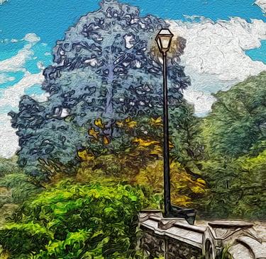 Impressionist oil painting of a vintage street lamp near lush green trees under a blue sky.