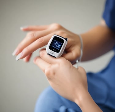 A hand holds a pulse oximeter displaying SpO2 at 97% and PR at 106 bpm. The background is a wooden surface.