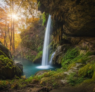 a waterfall in a cave with a waterfall in the background