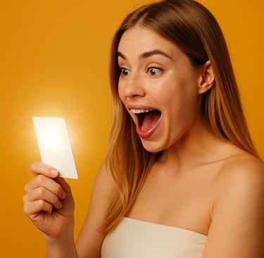 Mujer sonriente sostiene la Glow Card de AR Clinic, símbolo de ofertas en tratamientos estéticos.