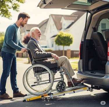 Ein Herr, der seinen Opa im Rollstuhl in seine Fahrzeug schiebt