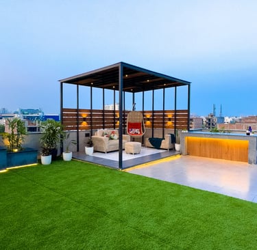 Contemporary terrace garden setup with wooden deck flooring