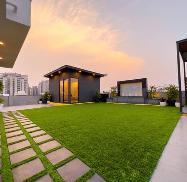 Beautiful terrace garden with pergola and hanging plants