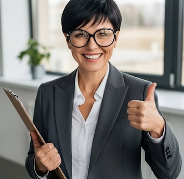 a female translator in a suit and glasses giving thumbs up