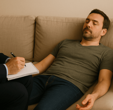 Hombre de mediana edad en sesión de Terapia de Vidas Pasadas.
