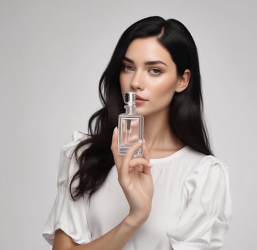 A person in a sleeveless black dress holds a bottle of Prada perfume. The individual wears a gold watch and a delicate chain necklace with a cross pendant. The background is neutral with soft lighting, focusing attention on the person and the perfume bottle.