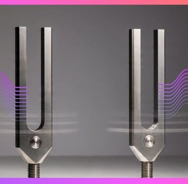 Two metal tuning forks vibrating with colorful purple and blue sound wave illustrations.