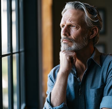 A pensive senior man with a grey beard looks out a window reflecting thoughtfully.