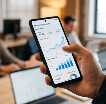 Hand holding a smartphone displaying a business data dashboard with analytics charts and revenue reports in an office.