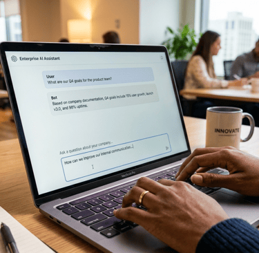 Person using an enterprise AI assistant chatbot on a laptop in a modern office setting.
