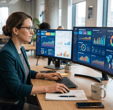 A female data analyst reviews business analytics and marketing growth charts on dual monitors in a modern office.