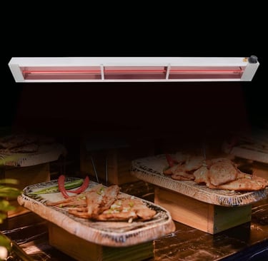a table with food and a red light on it