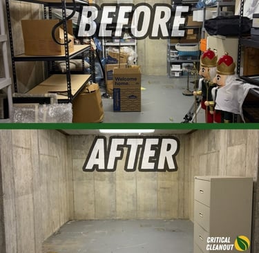 Before and after of an estate cleanout in Metro Detroit by Critical Cleanout, showing a cluttered room cleared and cleaned.