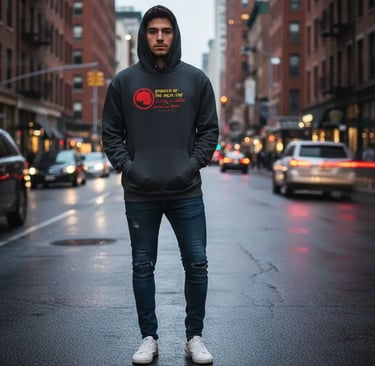 ragazzo che indossa una felpa col cappuccio col logo del blog in mezzo a una strada