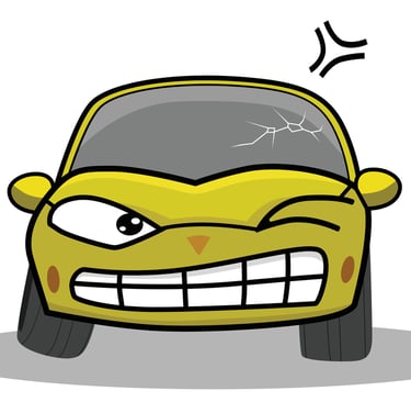 Cartoon car that is angrey at its broken windshield.