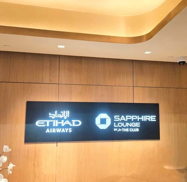 Entrance desk and sign of the Chase Sapphire Lounge by the club Etihad Airways JFK Terminal 4