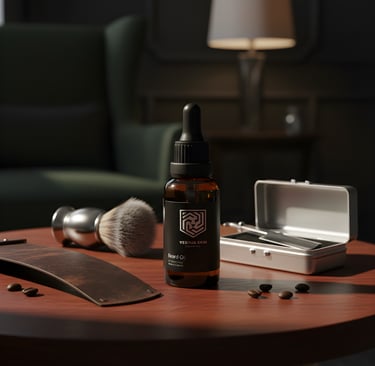 Premium Yeshua Skin beard oil bottle on a wooden table with a shaving brush and straight razor.