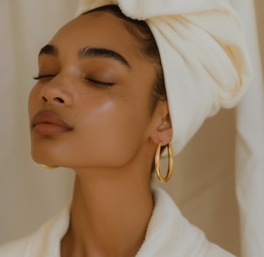 A woman with glowing skin and freckles wearing a white spa bathrobe and head towel wrap.