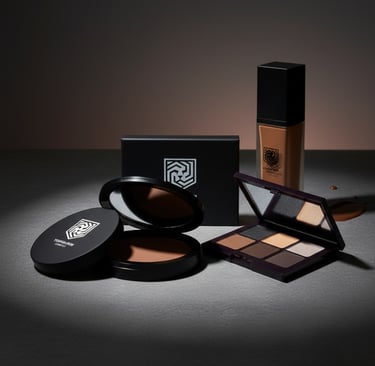 a variety of YESHUA Skin Cosmetics products displayed elegantly in front of a moody background.