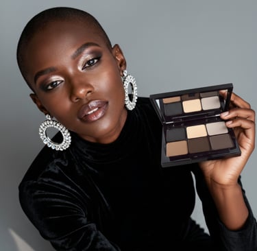Woman wearing a velvet dress and silver earrings holding a smoky gray eyeshadow palette