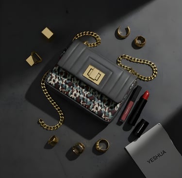 A women's purse with a gold chain strap alongside jewelry and cosmetics.