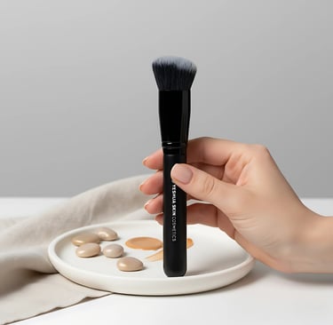 A hand holding a Yeshua Skin Cosmetics makeup foundation brush over a palette with liquid makeup drops.