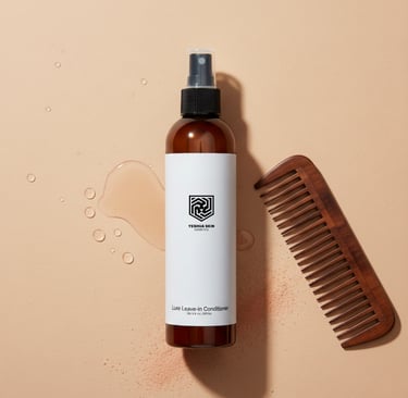 Bottle of Lure leave-in conditioner spray with a wooden comb and liquid droplets on a beige background.