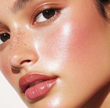 Close-up of a woman with glowing dewy skin, natural freckles, and glossy pink lips for a clean makeup look.