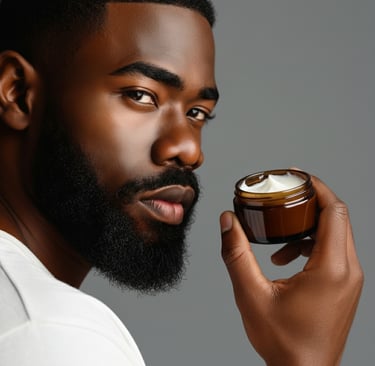Black man with a groomed beard holding a jar of moisturizing face cream for men's skincare.