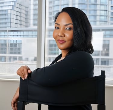 a woman in a black top sitting in a chair