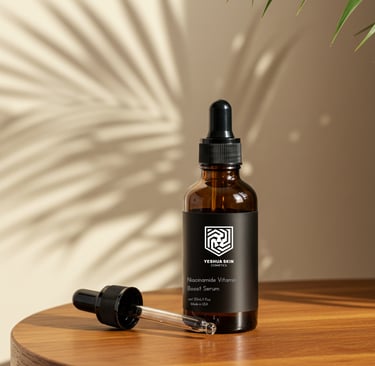 Yeshua Skin Niacinamide Vitamin Boost Serum in an amber glass bottle with dropper on a wooden table.