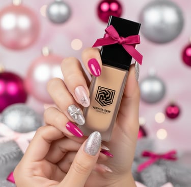 Hand with festive holiday manicure holding Yeshua Skin liquid foundation against pink Christmas ornaments.