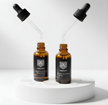 Yeshua Skin collagen retinol and glycolic acid serum bottles with glass droppers on a white pedestal.