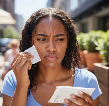 a woman on a warm sunny day blotting her oily skin in  frustration