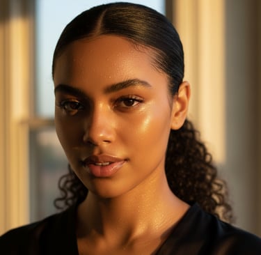 a woman with curly hair and healthy radiant skin