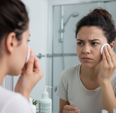 a woman in a white shirt is looking at her face in the mirror frustrated with her oily skin