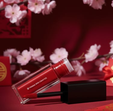 Red Yeshua Skin Cosmetics liquid lipstick with applicator, set against pink cherry blossoms for Lunar New Year.
