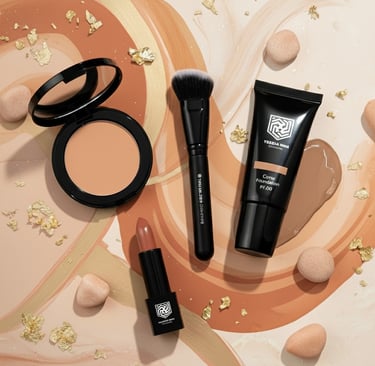 Overhead shot of YESHUA Skin Cosmetics foundation tube, powder compact, lipstick, and makeup brush,