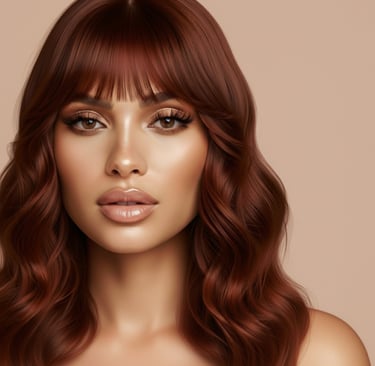 Close-up portrait of a woman with auburn red, wavy hair and bangs, showcasing a soft-focus makeup lo