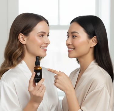 two women in robes are smiling and talking to each other about Hyaluronic acid serum