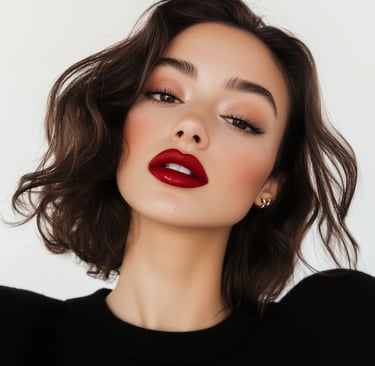 Beautiful woman with short wavy brown hair wearing bold red lipstick and natural makeup.
