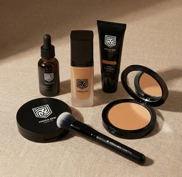 Yeshua Skin makeup collection including liquid foundation, face powder, serum, and a soft blending brush.