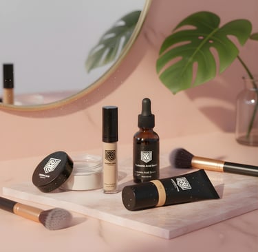 YESHUA Skin Cosmetics beauty product display featuring concealer, setting powder, hyaluronic acid se