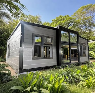 grey container home with large windows