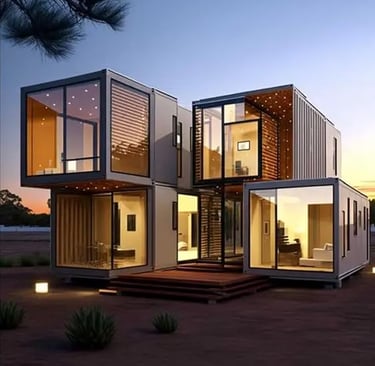 two story container House at night with lights on