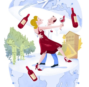 Illustration of a couple dancing inside a globe with wine bottles, representing global wine tourism.