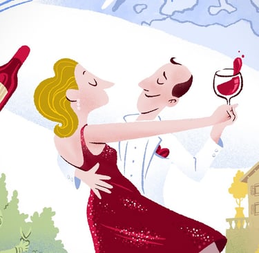 Retro illustration of a couple dancing outdoors while holding glasses of red wine.