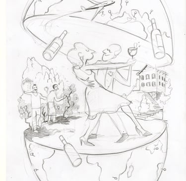 Pencil sketch of a couple dancing inside a globe with wine bottles, airplanes, and a vineyard landscape.