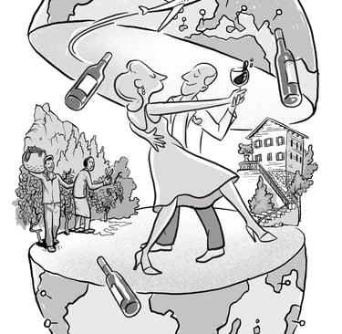Illustration of a couple dancing inside a globe surrounded by wine bottles, vineyards, and travel imagery.