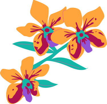 graphic illustration of 3 orange and red flowers on a green stem